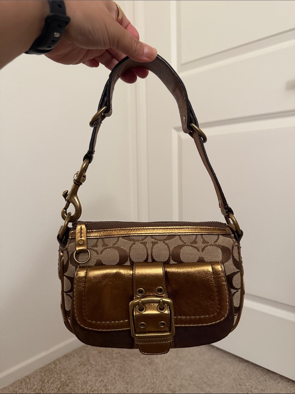 Coach Metallic Bronze/Gold Canvas Shoulder Bag with Buckle Detail